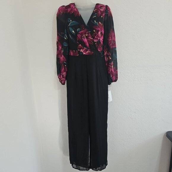 Enfocus Studio Size 4 Sheer Black Wrap Floral Jumpsuit Whimsigoth Fairygrunge - Picture 2 of 14